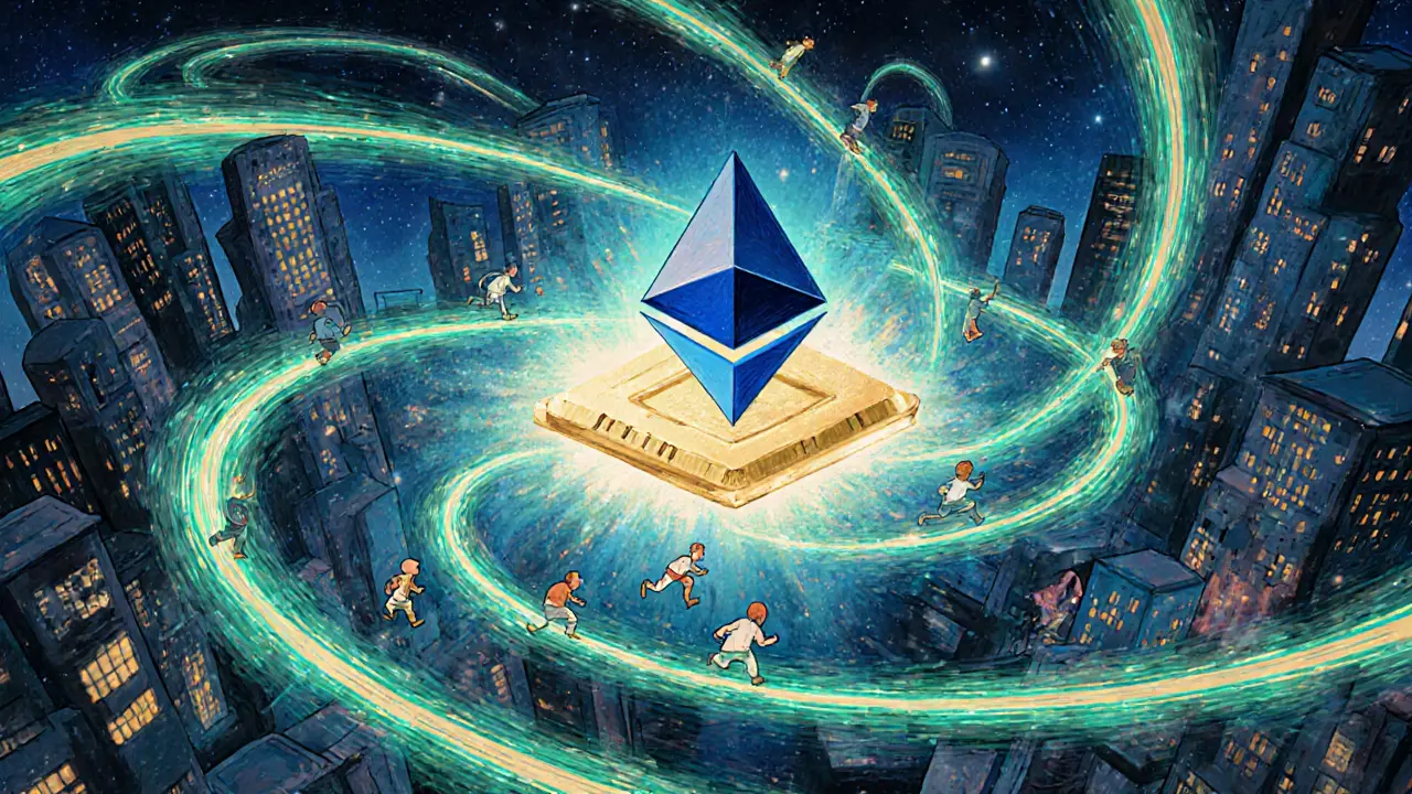 Эфир с яркими дорожками Layer 2, несущими пользователей через цифровой город, олицетворяющий скорость и безопасность.