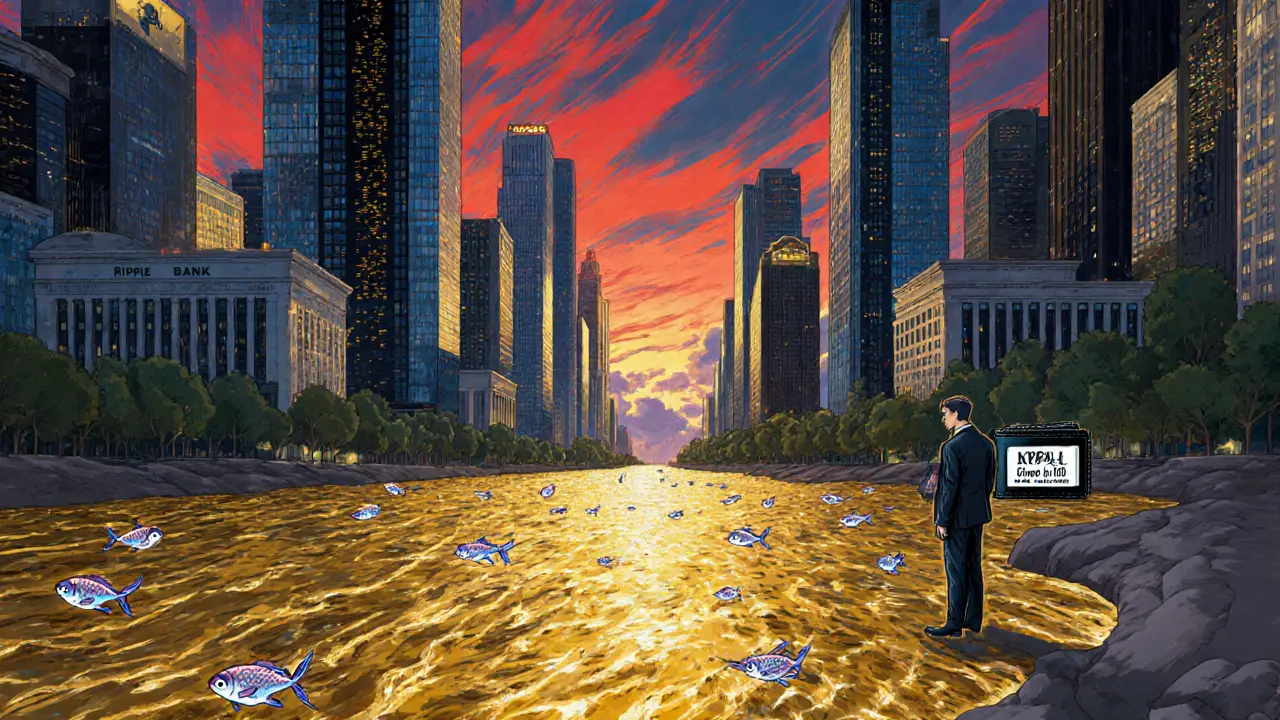 Риппл как золотой поток между банками, с токенами XRP и фигурой, стоящей у берега, символизируя централизацию.