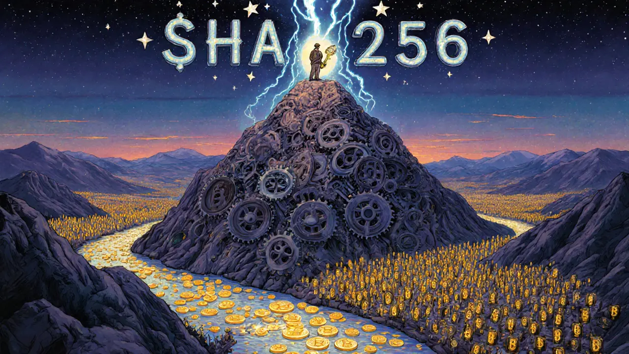 Майнер на горе из шестерёнок, держит светящийся ключ, вокруг — звёзды из алгоритма SHA-256.