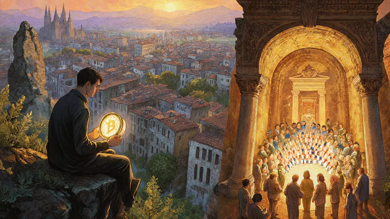 Один держатель смотрит на руины DeFi-города, вдали — процветающее сообщество с высокой явкой.