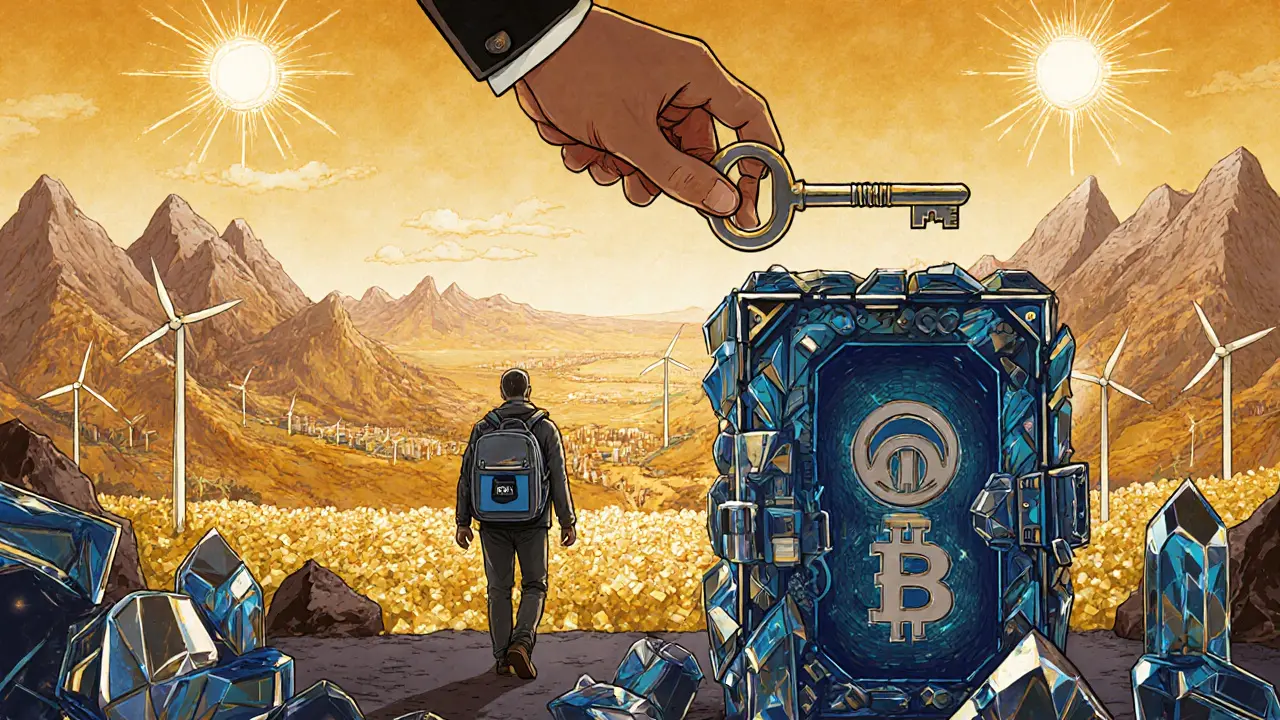 Рука вставляет ключ в хранилище из кристаллического блокчейна, на фоне золотых гор и возобновляемой энергии.