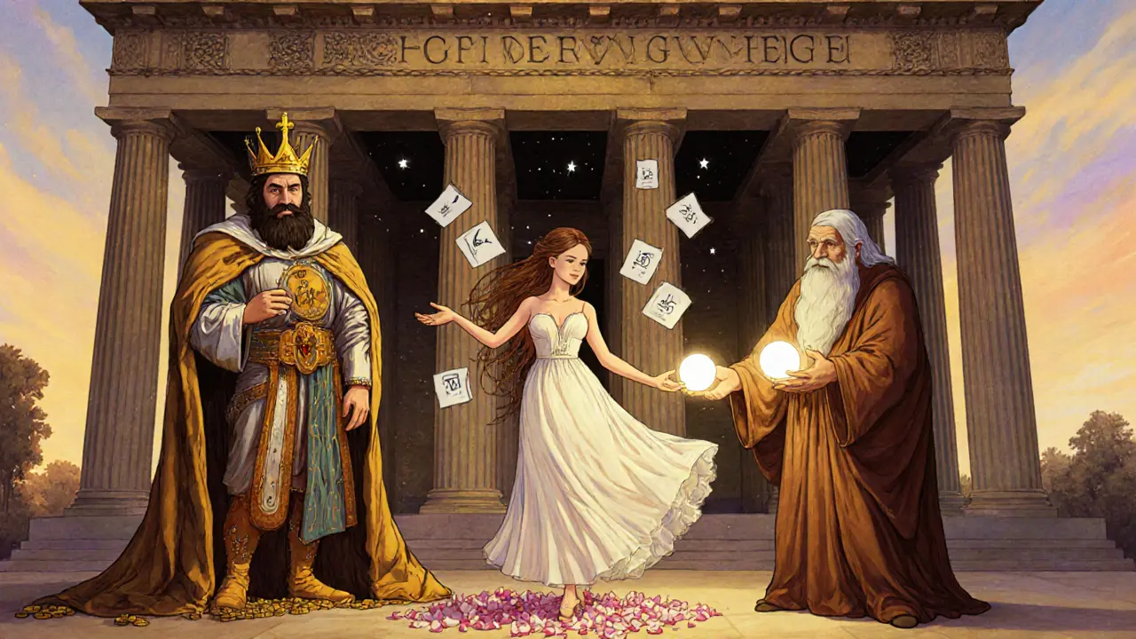 Три мифологические фигуры символизируют разные модели голосования в DeFi под храмом управления.