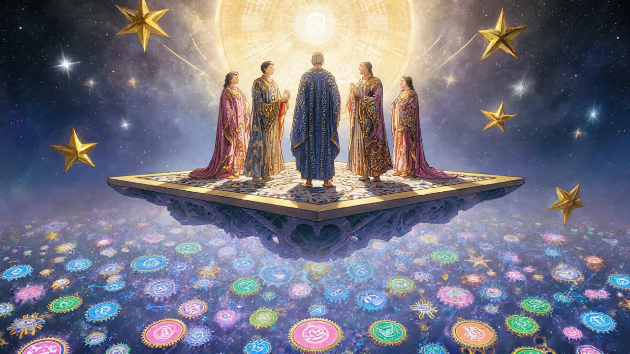 Держатели DOT в роскошных одеждах управляют вращающимися парачейнами, окруженными золотыми звездами стейкинга.