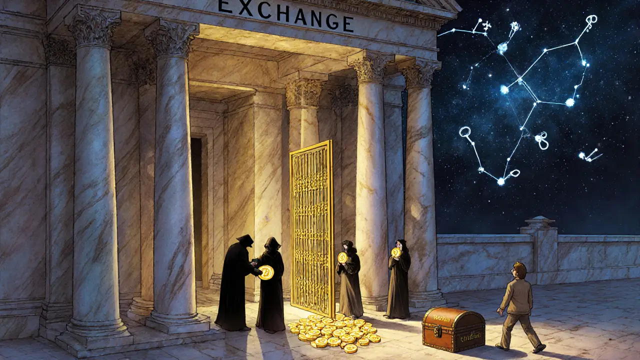Люди передают криптовалюту теневым хранителям в храме биржи, в то время как путешественник идет к кошельку.