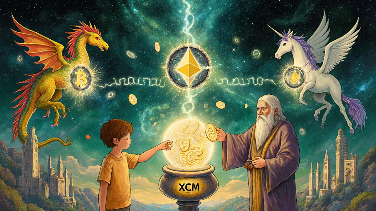 Пользователи перемещают токены между мирами через светящиеся порталы, символизируя мгновенную интероперабельность.