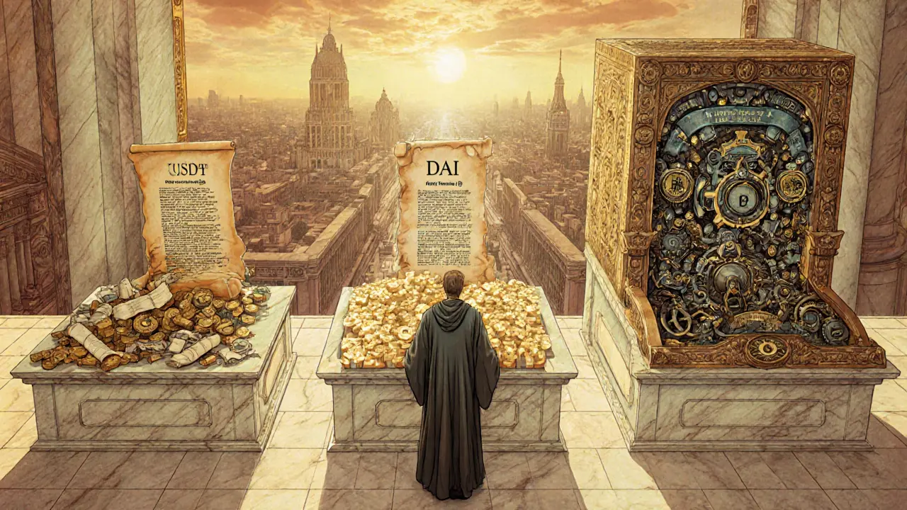 Три алтаря с стейблкоинами в величественном храме: USDT с теневыми активами, USDC с чистыми долларами, DAI с механической системой залогов.