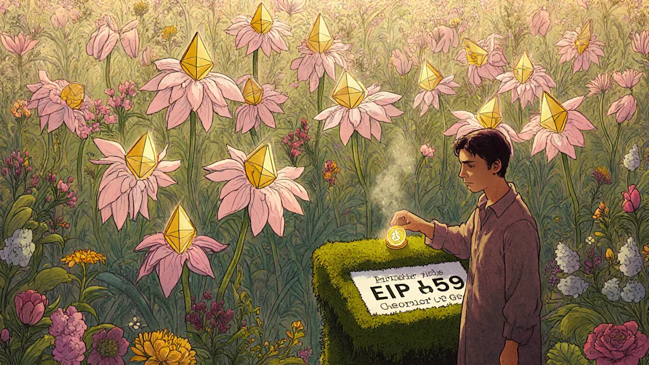 Цветущий сад валидаторов, где пользователь кладет ETH на алтарь EIP-1559, а комиссии стабилизируются.