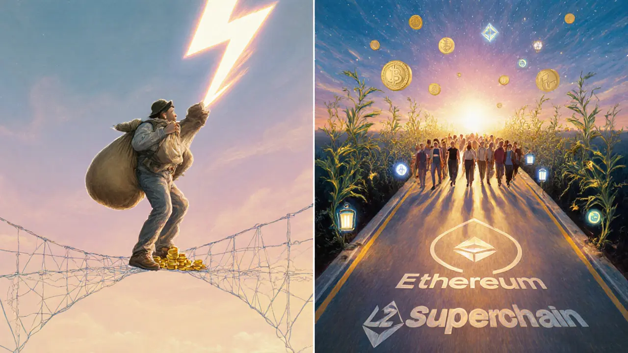 Диptyх: один человек с неустойчивыми монетами против толпы на светящемся мосту L2.