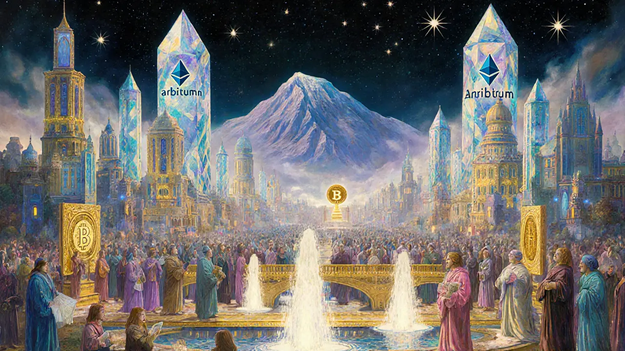 Фантастический город Ethereum L2 с башнями, торговцами и NFT под звёздным небом.