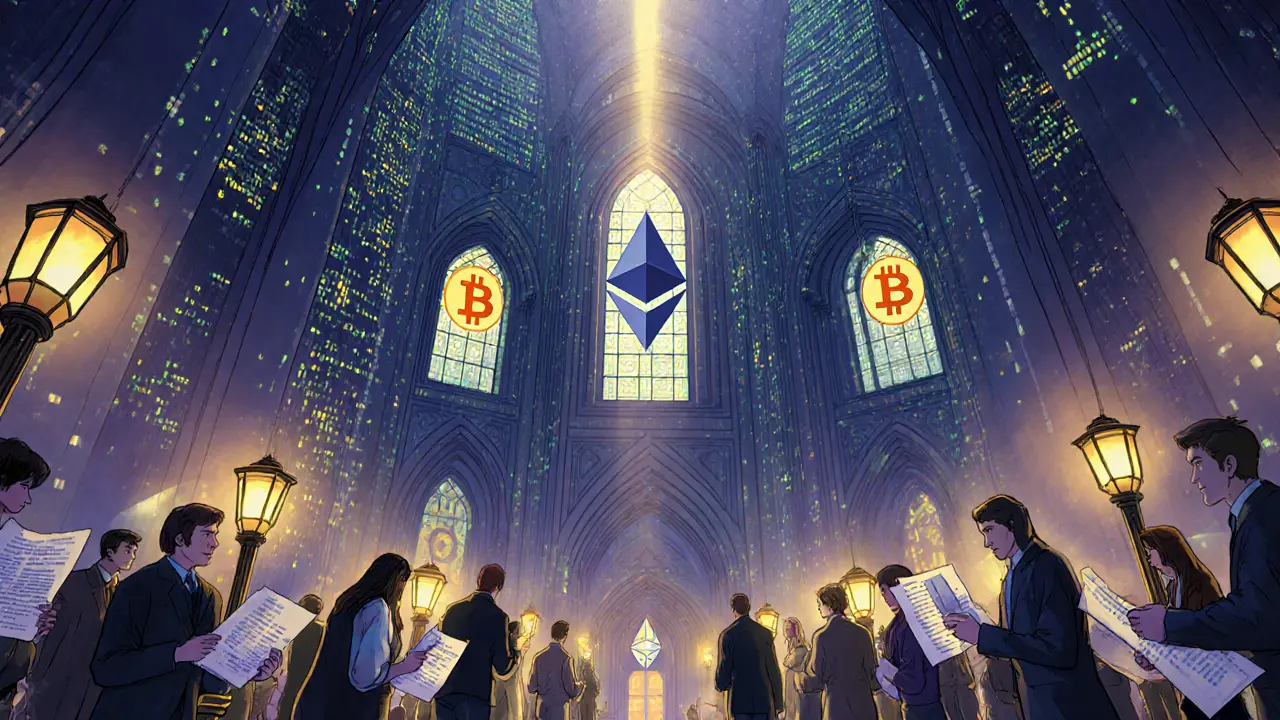 Храм из кода, где люди изучают открытые источники под золотым светом.