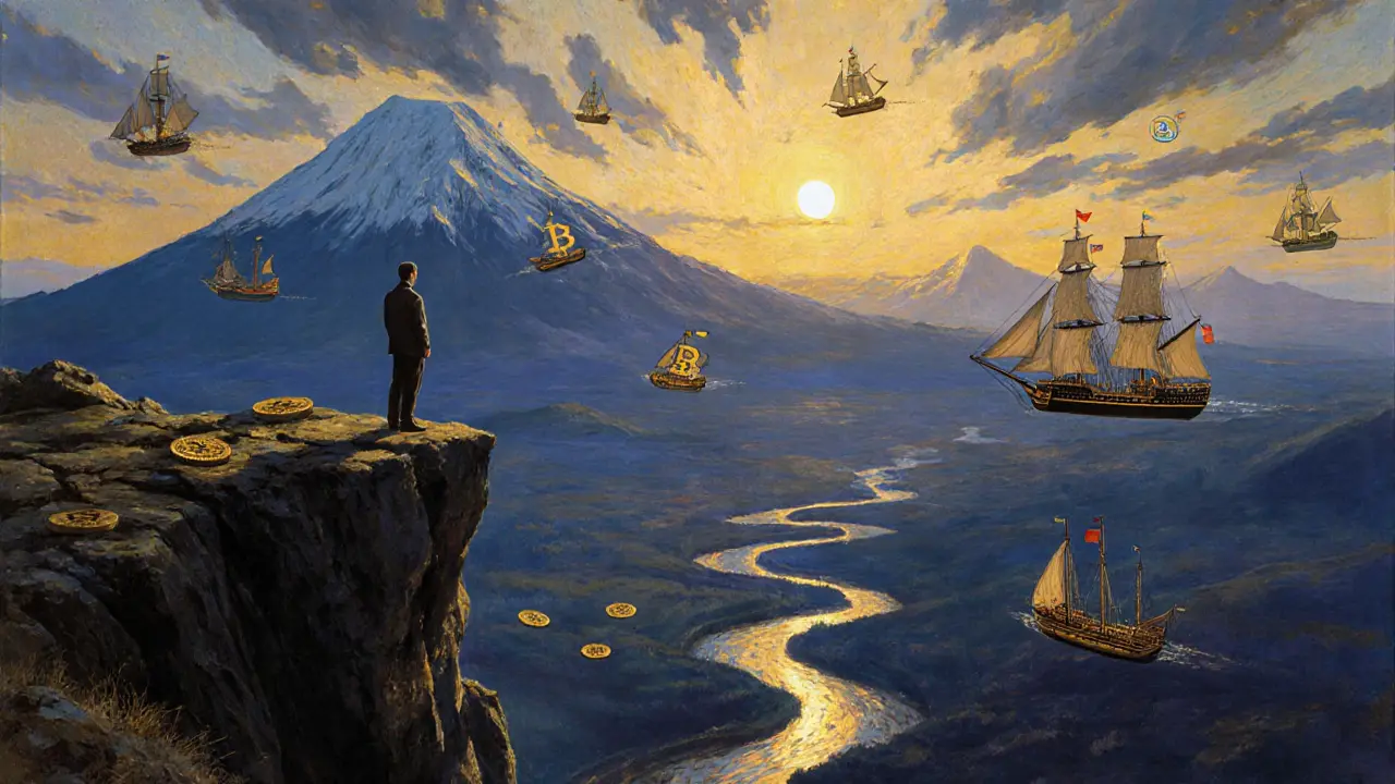 Инвестор на скале смотрит на пейзаж криптовалют: Биткоин — гора, альткоины — корабли, одни летят, другие падают.