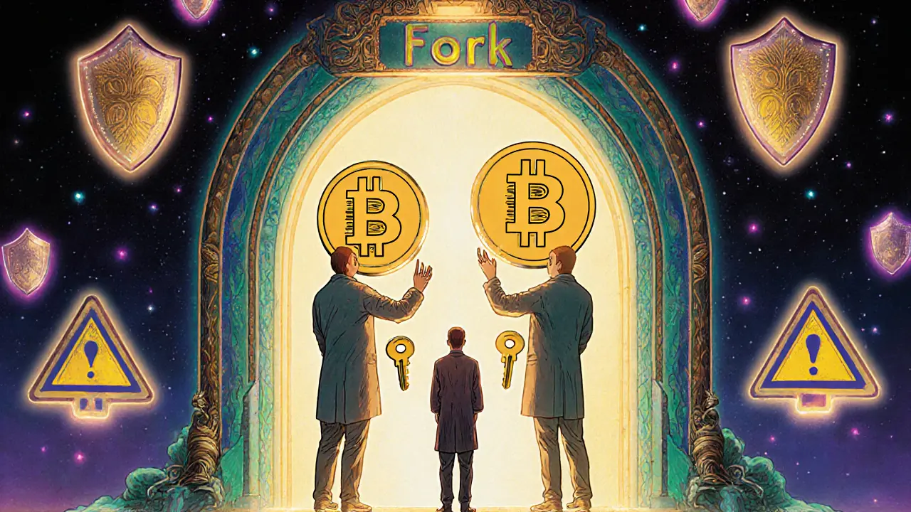 Инвестор перед порталом форка, отражающим две версии себя, в окружении символических предупреждений.