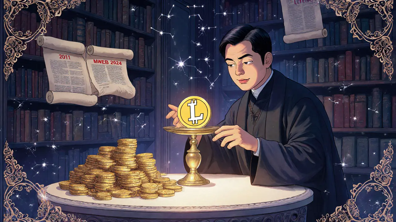 Мудрый фигура кладет монету Лайткоин на весы, окруженная древними свитками и светящимися узлами сети.