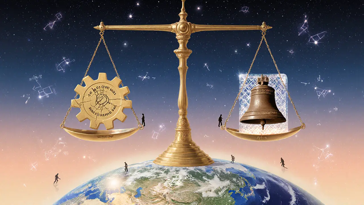 Небесные весы: Солана с треснувшим шестеренкой, Суи с кристаллической решеткой, Аптос с неподвижным колоколом.