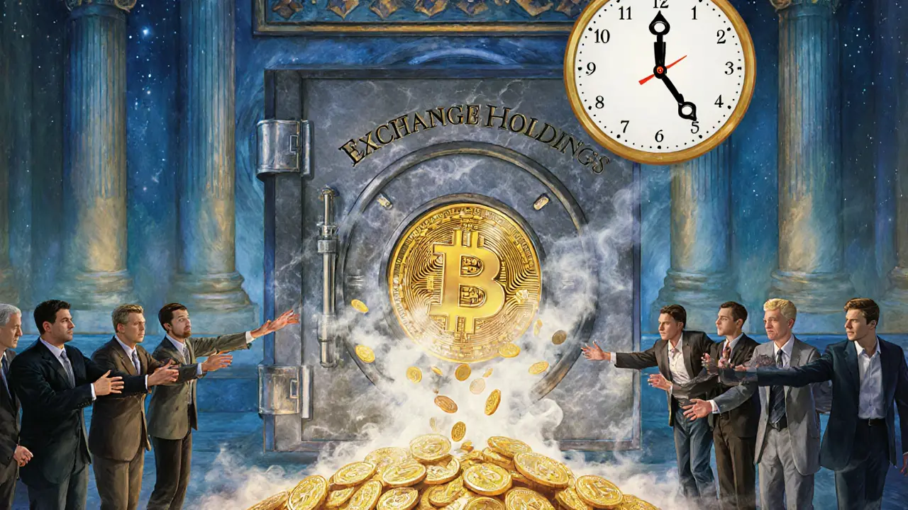 Открытый сейф с криптовалютой, которая исчезает в дыму, клиенты тянутся к пустоте под цифровыми часами 2025 года.