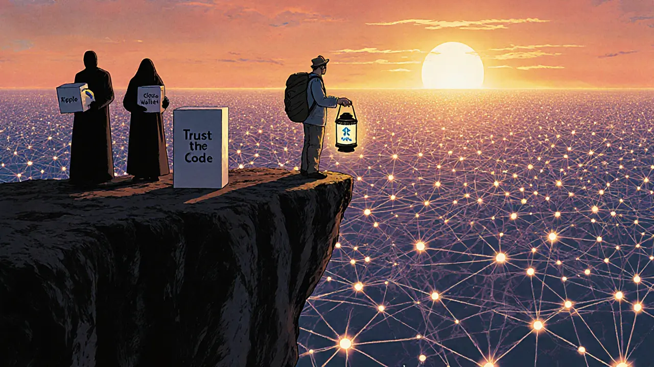 Путник с фонарем у края пропасти, противопоставляя прозрачность тайным системам.