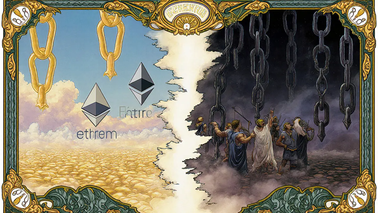 Разделённые миры Эфириума и Эфириума Классик, разделённые туманом, в стиле изысканной иллюстрации.