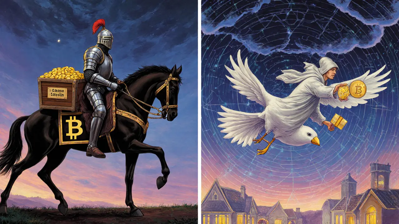 Рыцарь Биткоина медленно движется, а посланник Лайткоин на птице быстро доставляет посылки.