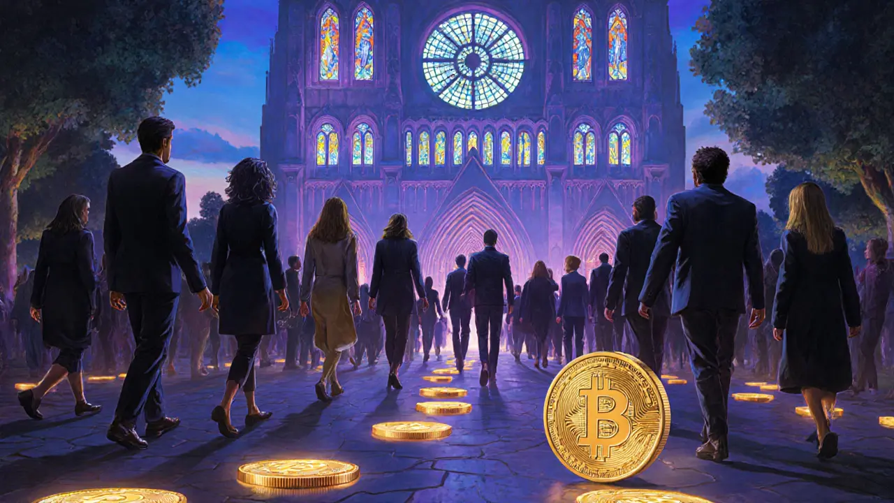 Цифровой храм с окнами DeFi и NFT, люди идут к нему, рядом лежит золотая монета Биткоина.