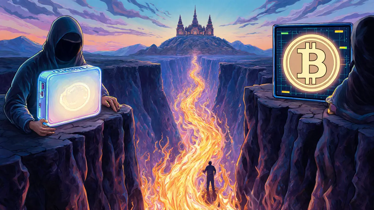 Два человека: один с холодным кошельком, другой у уязвимого онлайн-кошелька.