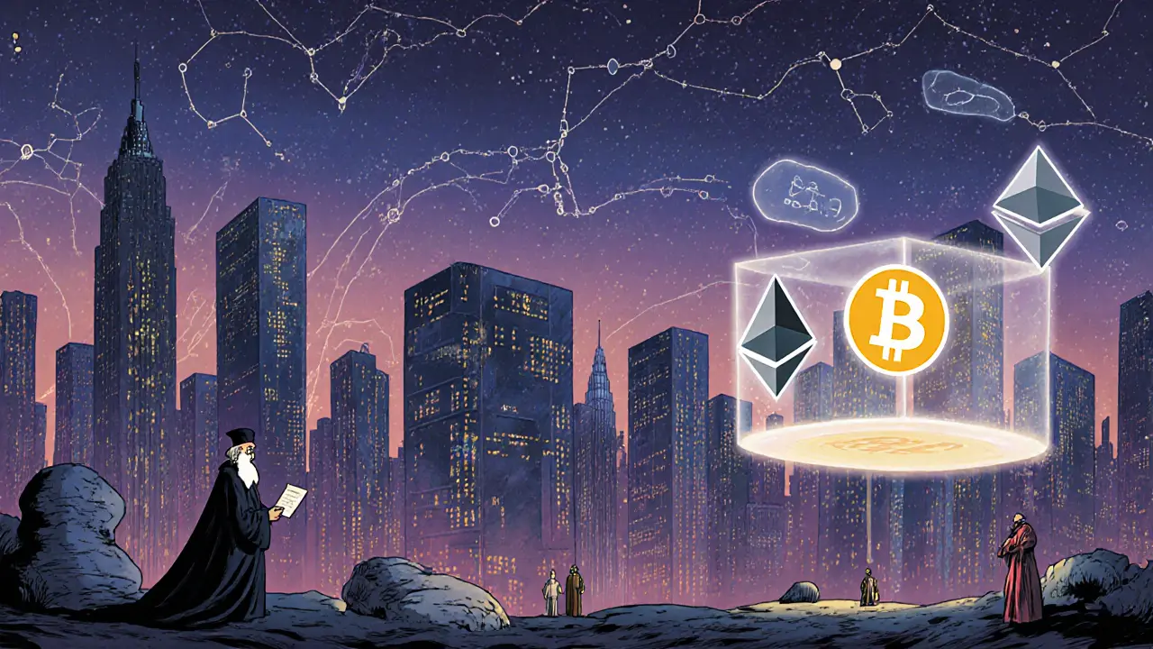 Город из блокчейн-башен с потоками транзакций и учёным у голографического кода.