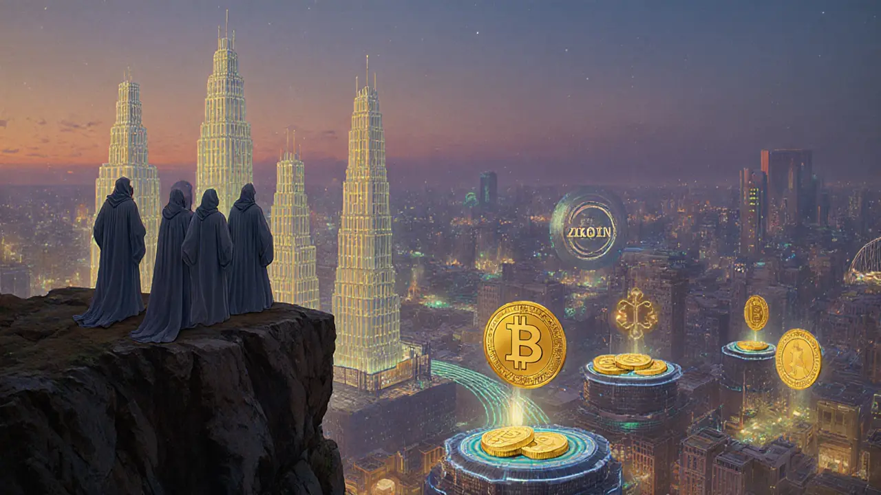 Мудрецы наблюдают за потоком токенов в децентрализованные протоколы при закате.