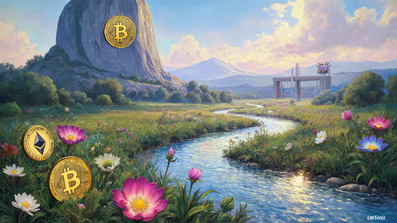 Река криптовалют течет от биткоина к цветущим альткоинам в волшебном пейзаже.