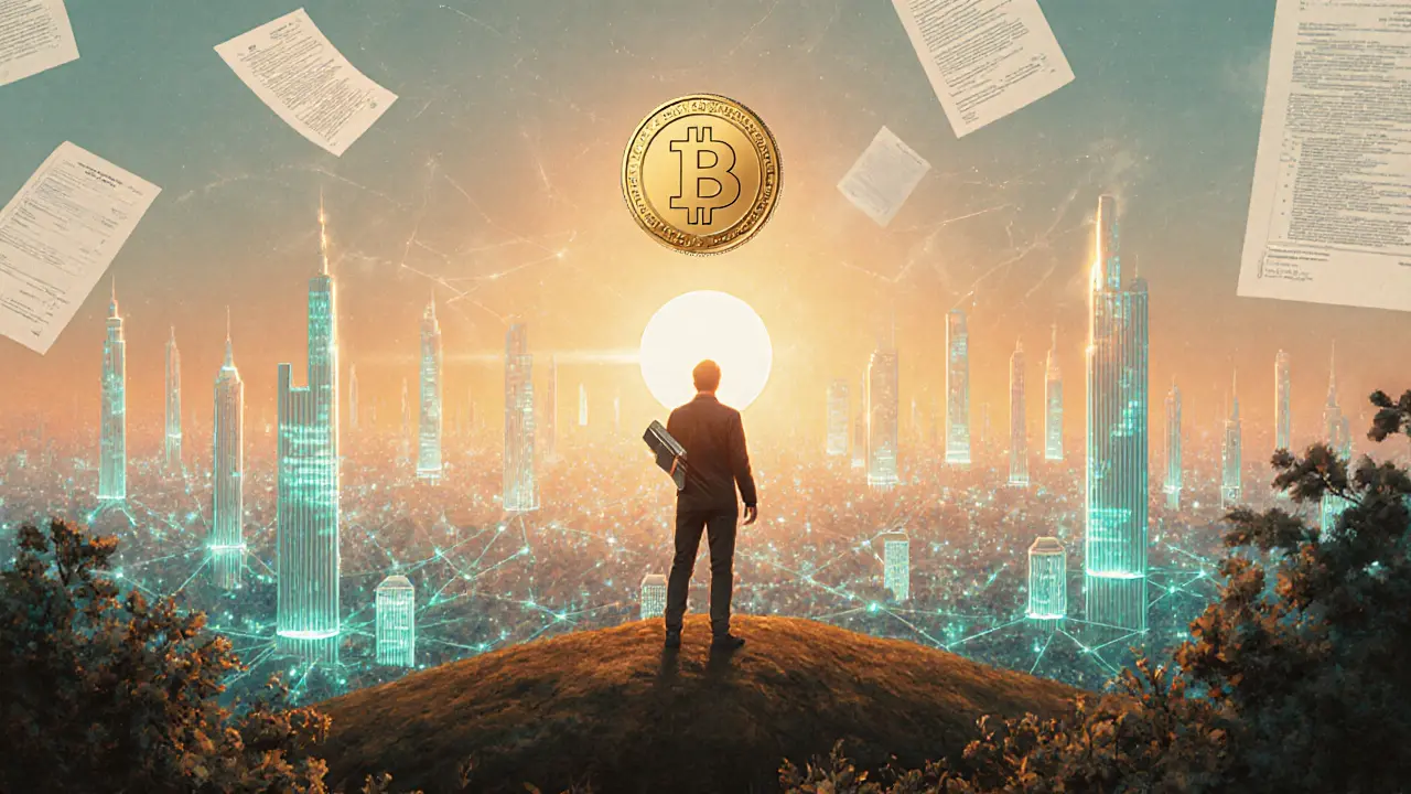 Человек держит аппаратный кошелек на холме, за ним — город блокчейнов и стабильный стейблкоин как солнце.