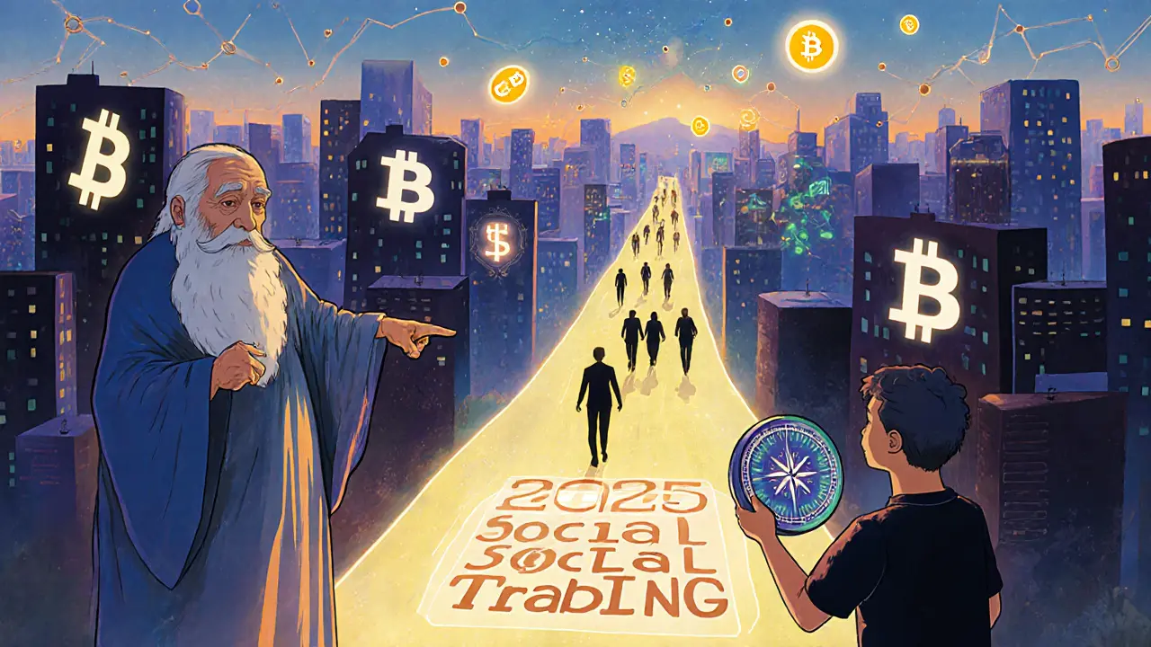 Город из логотипов криптовалют с путем к социальному трейдингу 2025 года.