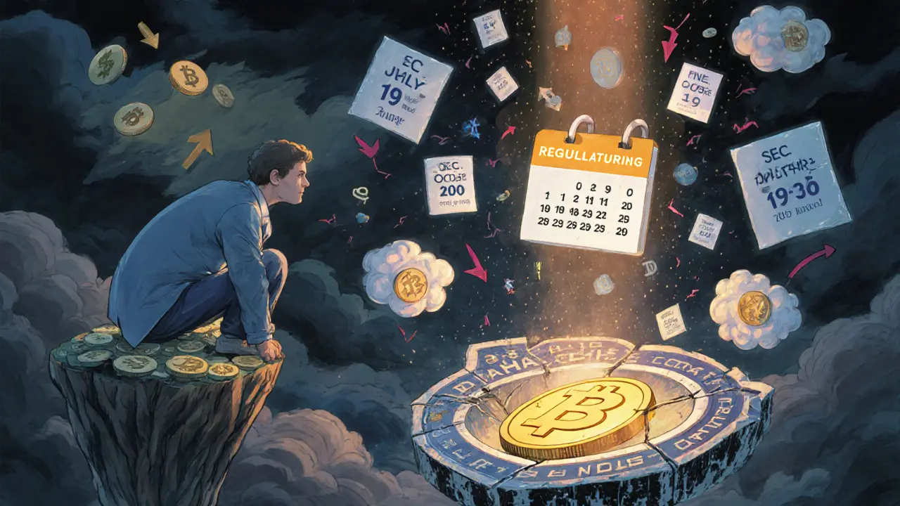 Инвестор смотрит на календарь сжиганий, вокруг — штрафы и падающие котировки, BNB светится на фоне централизованного щита.