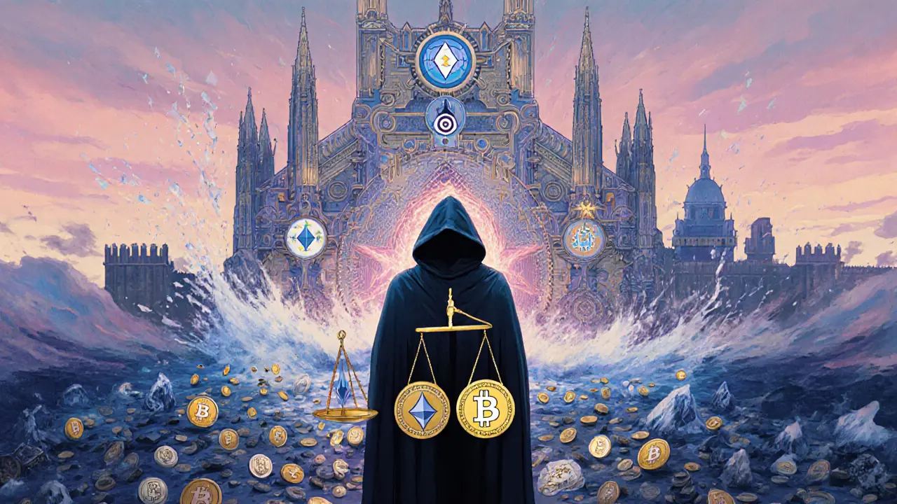 Модульная блокчейн-архитектура с инвестором, балансирующим портфель, в стиле Максфилда Парриша.