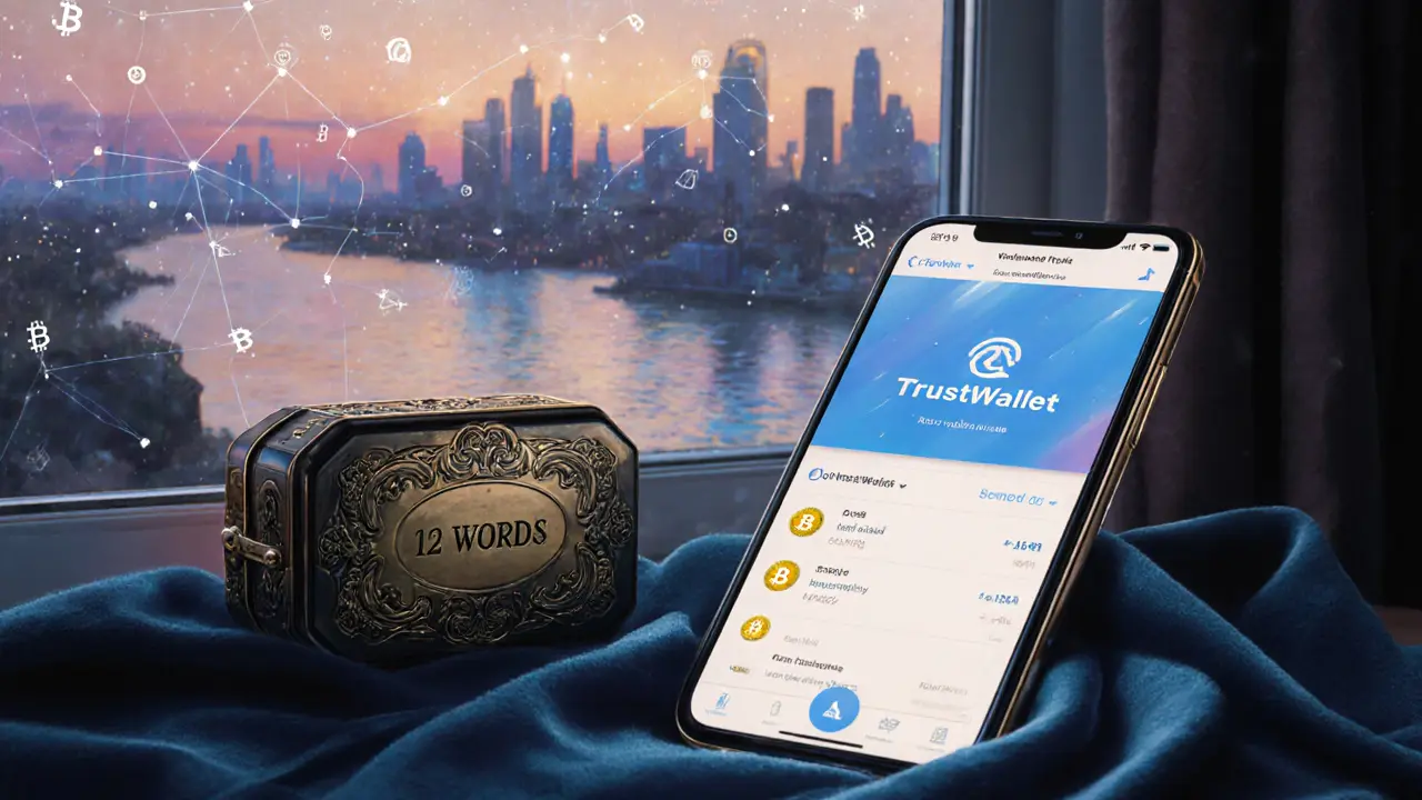 Смартфон с кошельком TrustWallet лежит на бархате рядом с коробкой, где хранятся 12 ключевых слов.
