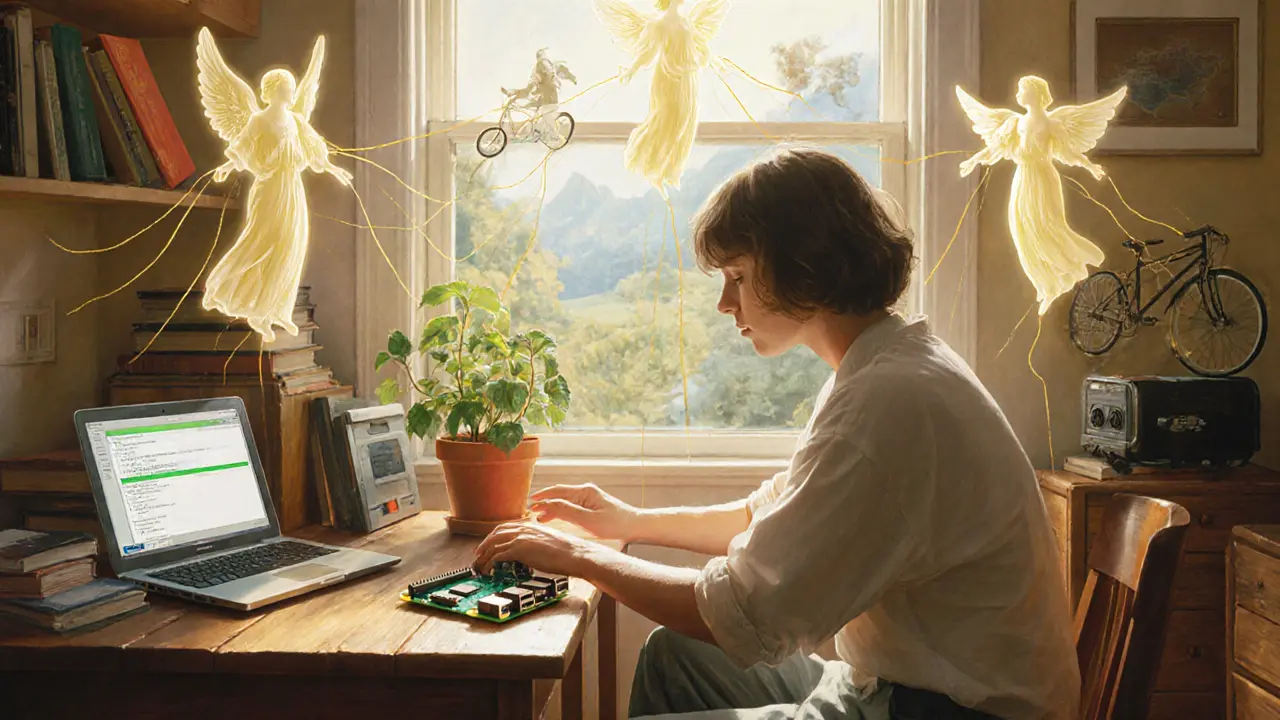 Человек запускает ноду на Raspberry Pi, вокруг — прозрачные фигуры нод, возникающие из книг и генераторов.