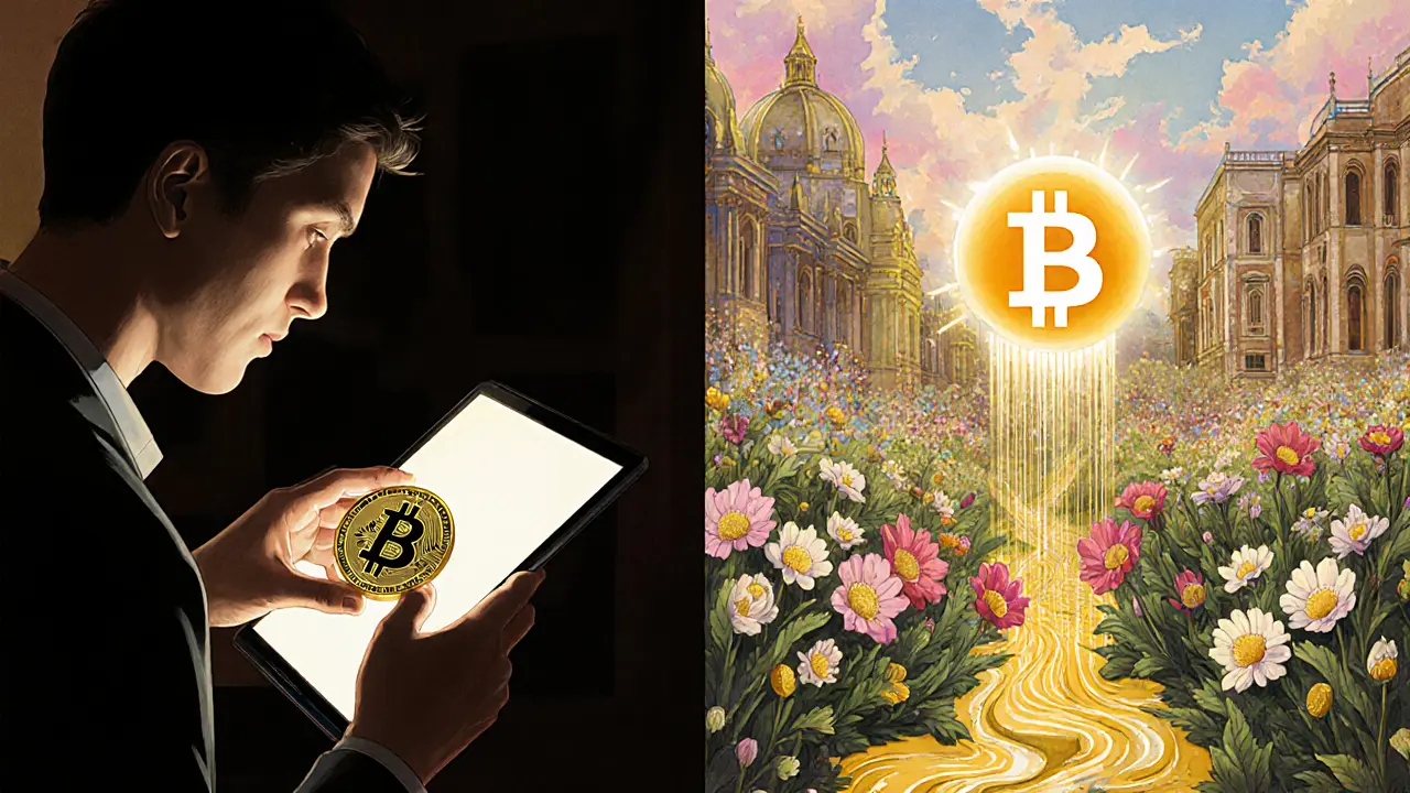 Два мира: один — тихий с биткоином, другой — светлый с WBTC, окутанный потоками дохода.