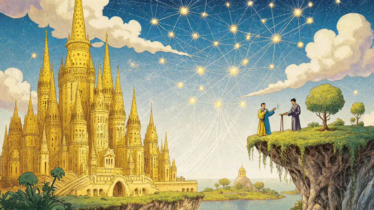 Гибридный пейзаж: золотые башни и острова сливаются в единую сеть блокчейнов.