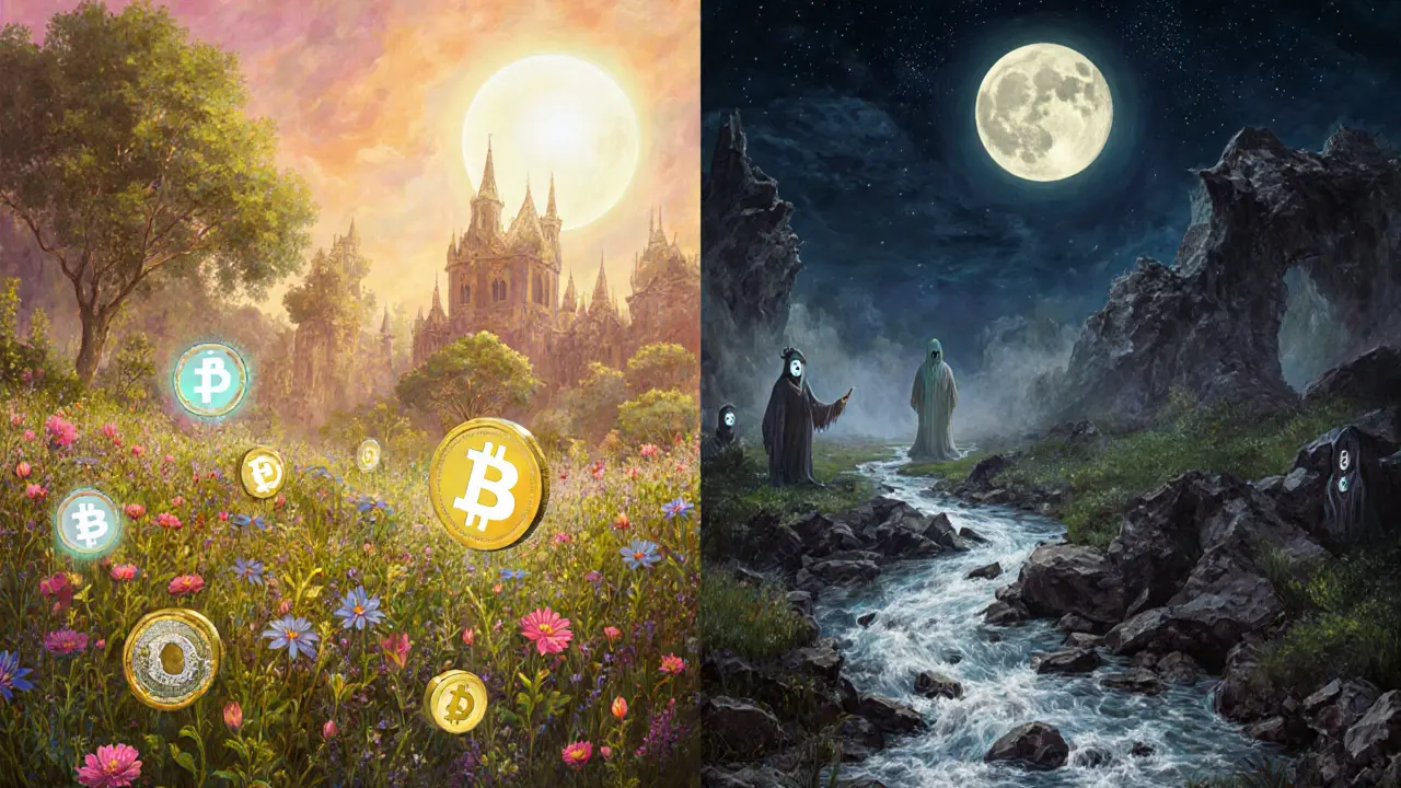 Противопоставление: цветущий сад мем-коинов и руины мёртвых токенов.