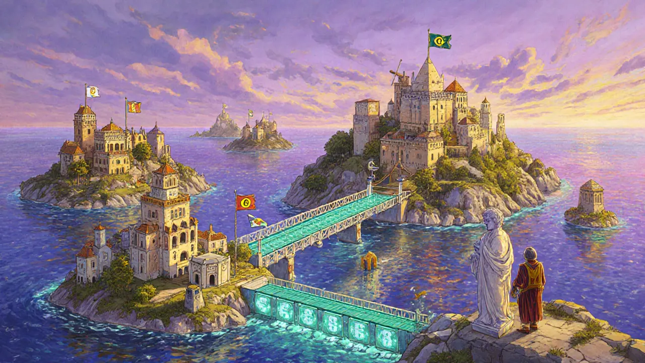 Разнообразные острова, соединённые светящимися мостами — символ Cosmos.