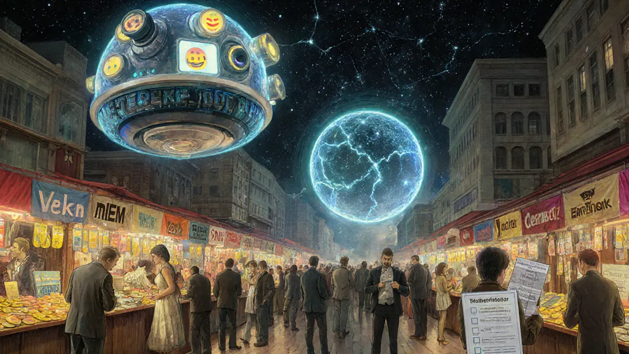 Рынок будущего с ИИ-ботом и людьми, торгующими мем-коинами под светящимся индексом.