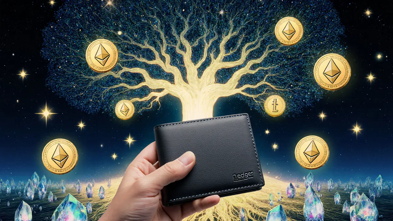 Человек держит аппаратный кошелёк, вокруг — светящиеся токены и блокчейн-дерево в космосе.