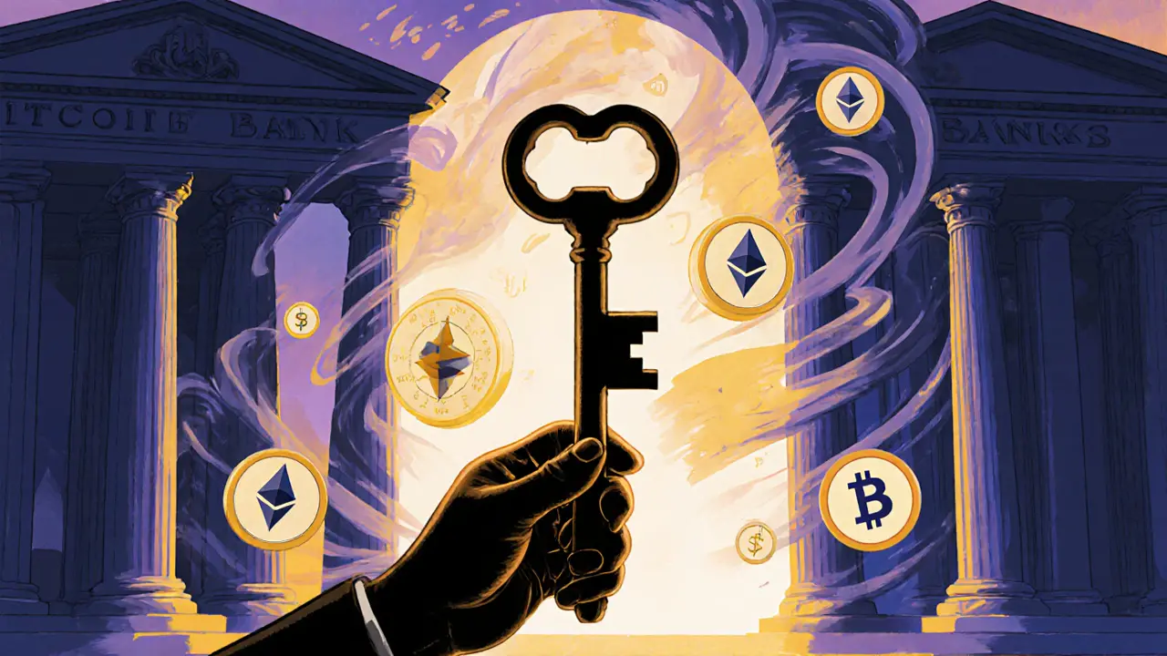 Человек держит ключ, перед ним — портал с криптовалютами, банки исчезают в тени.