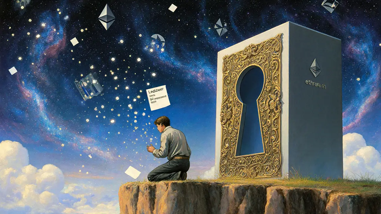 Мужчина смотрит, как бумажка с фразой уносится в цифровой буре, а аппаратный кошелёк остаётся неиспользованным.