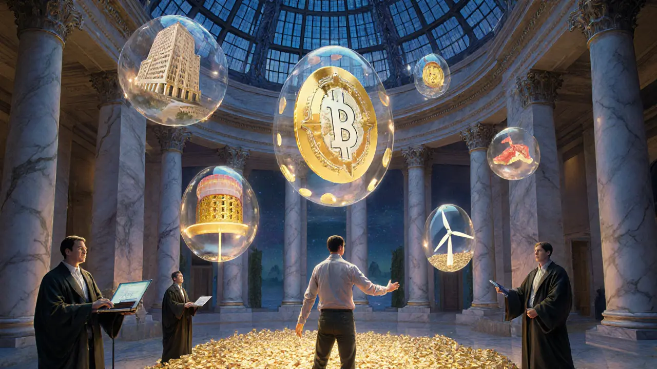 На цифровой бирже токены отражают реальные активы — здание, яйцо Фаберже и турбина — под светом витражей.