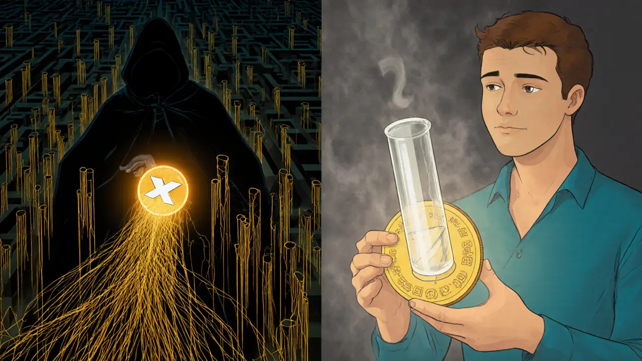 Разделённая сцена: приватная транзакция Моноро и видимая транзакция Зеши.