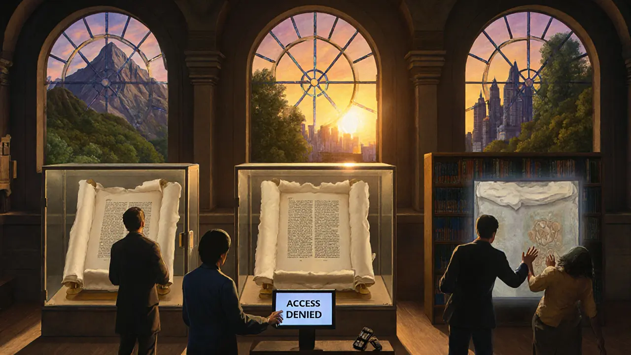 Три бумажных свитка в защищённых местах, люди пытаются получить доступ к экранам с отказом.