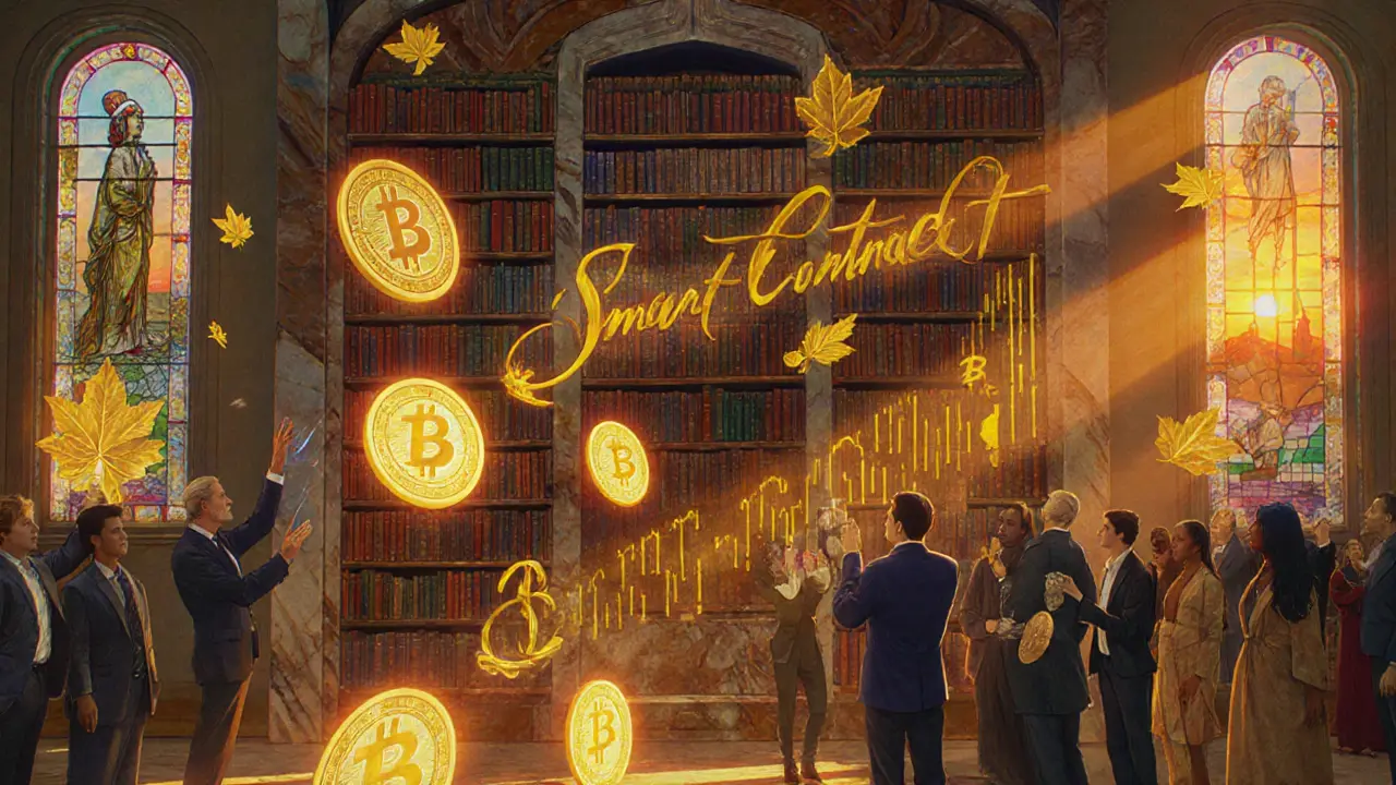 В золотистой библиотеке-хранилище токены светятся, как книги, а дивиденды падают золотыми листьями на инвесторов.