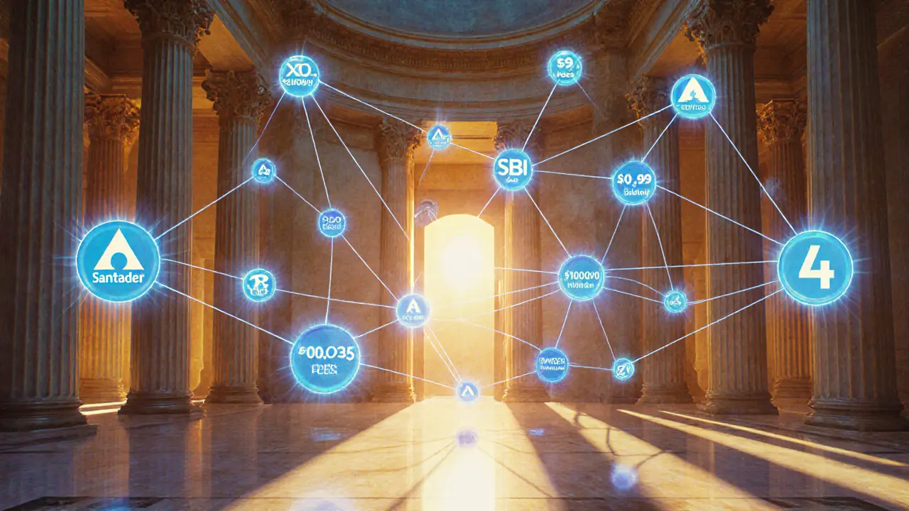 Банковский зал с потоками XRP-энергии между международными институтами, показывающий скорость 4 секунды.