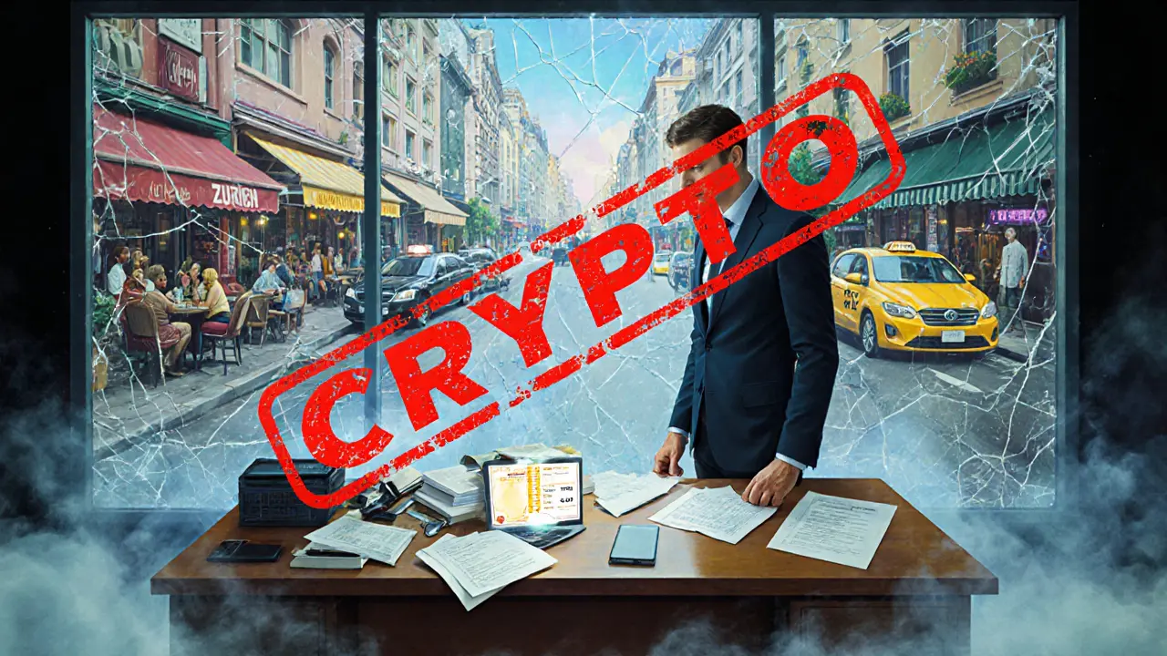 Бизнесмен перед документами и запретом на криптовалюту, за ним — зарубежные магазины с криптовалютами.