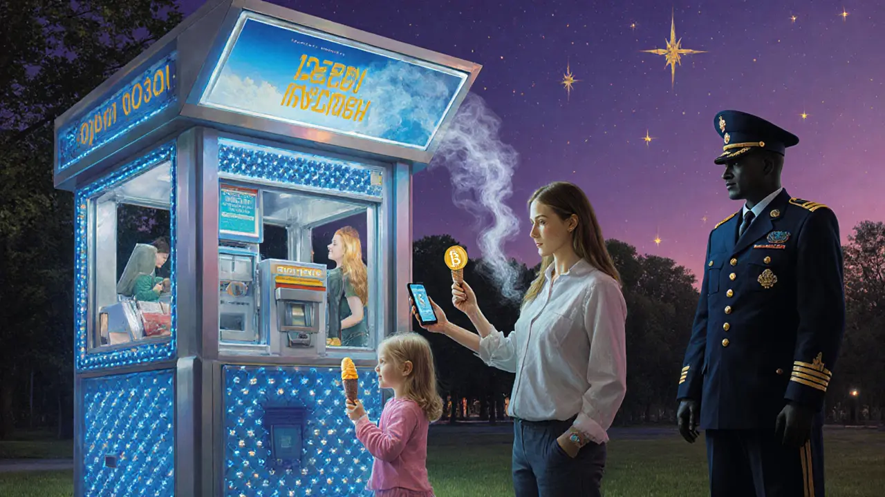 Цифровой рубль в парке, семья платит, а тень пытается использовать биткоин — он исчезает.