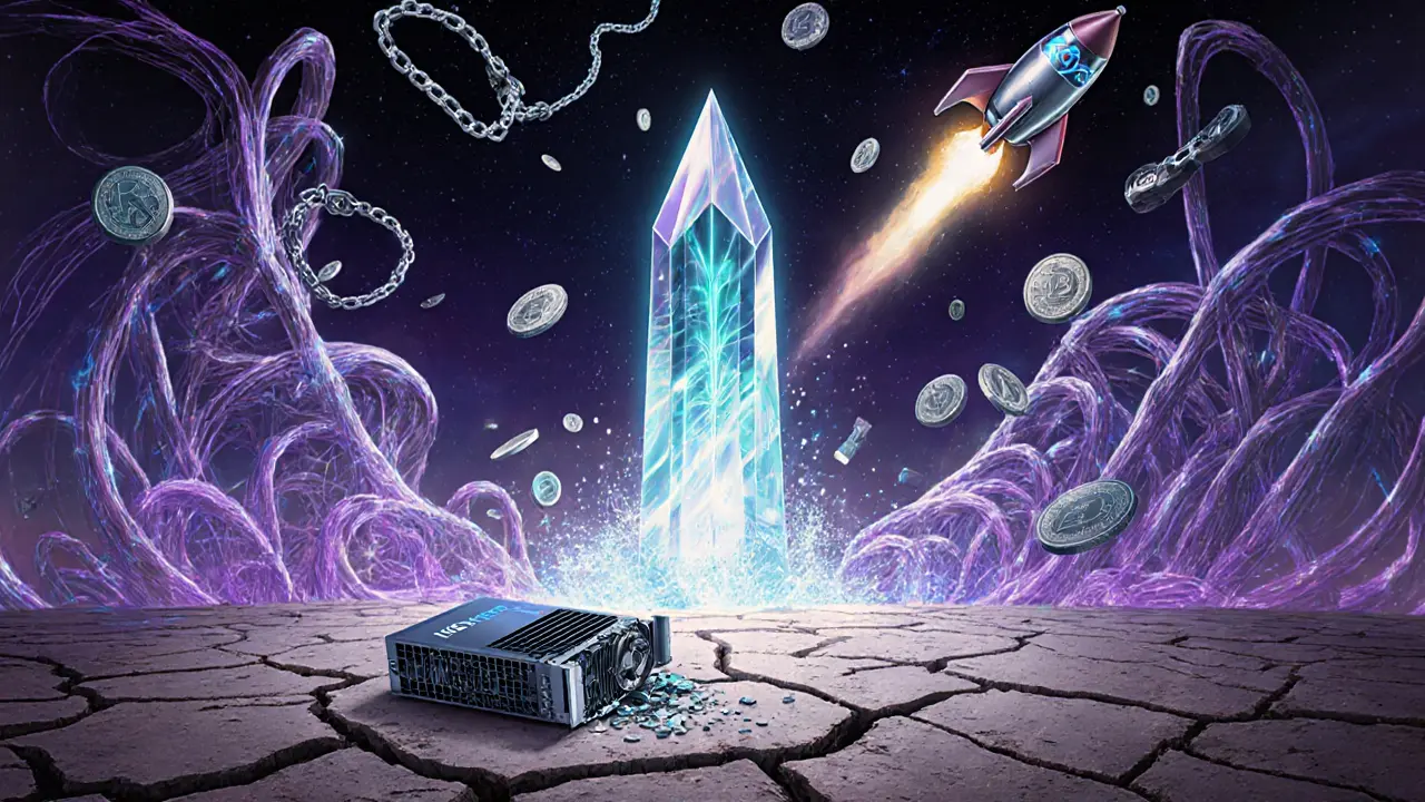 Гигантский кристаллический узел Kaspa с GHOSTDAG-светом, разбивающий регуляторные оковы в ночном небе.