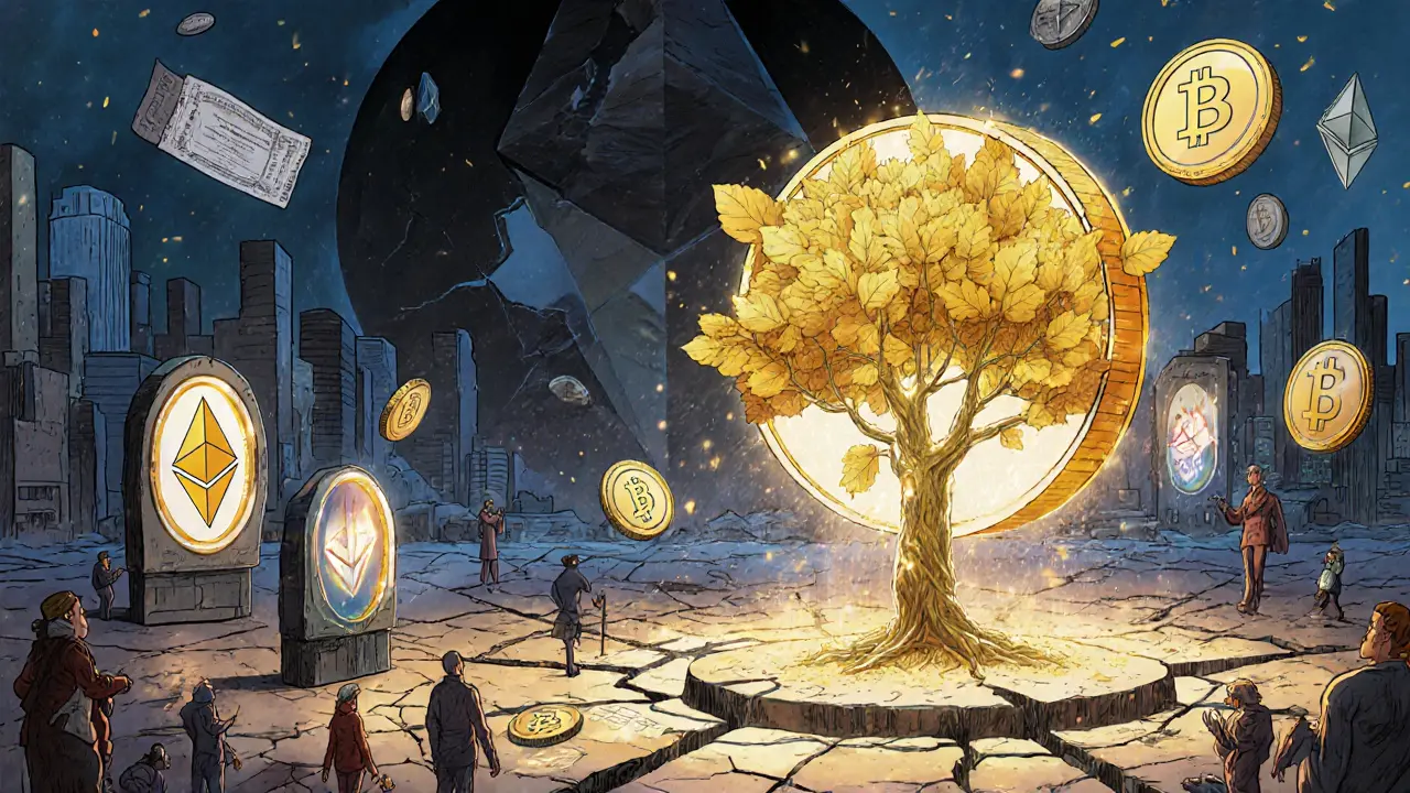 Город будущего с торговлей токенами, пока Ethereum рушится, но один токен-дерево светится.